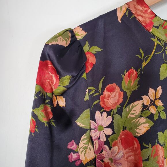 Reformation Julius Silk Dress Black Floral Print Long Sleeve Midi Length Size 8 - Picture 6 of 13